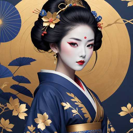 This image features a striking young Asian woman, likely in her late teens or early twenties, adorned in traditional attire. She wears a blue kimono embellished with gold floral and leaf patterns, complemented by a gold sash around her waist. Her face is painted white, with bold red lipstick and dramatic red eye makeup, and she has a red dot on her forehead, possibly indicating cultural or religious significance. Her black hair is styled in an elaborate updo, adorned with gold and blue flowers, and she wears gold earrings. The background is a dark blue, decorated with gold and blue floral designs, including a large gold circle behind her head and a smaller blue circle in the upper left corner. The overall composition suggests a blend of traditional elements with a modern artistic touch, possibly indicating that the image is AI-generated.