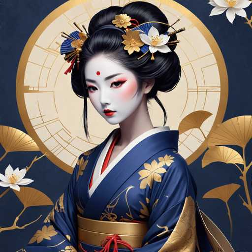 This image features a strikingly beautiful young Asian woman, likely of Japanese descent, adorned in traditional attire. She wears a blue kimono embellished with gold floral patterns and a white collar, complemented by a gold sash tied with a red bow at her waist. Her black hair is elegantly styled in an updo, adorned with a gold headband and a blue fan. Her face is painted white with red accents around her eyes and lips, and she has a red dot on her forehead, adding to her ethereal appearance. She stands against a dark blue background, with a large gold circle behind her head, and golden leaves and flowers framing the scene. The overall composition exudes a sense of grace and cultural richness.