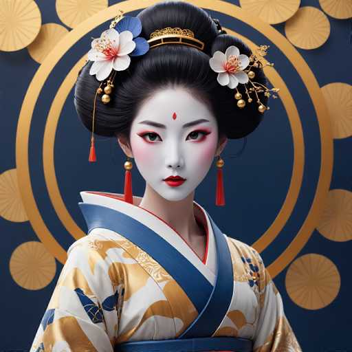 The image depicts a highly detailed, AI-generated geisha or Japanese woman adorned in traditional attire. She wears a white kimono with intricate gold and blue patterns, and a blue sash around her waist. Her hair is styled in an elaborate updo, featuring a gold headband and adorned with white and blue flowers, along with golden beads and tassels. Her face is painted white with striking red lipstick, red eye shadow, and a red teardrop-shaped marking on her forehead. She also sports long, dangling red earrings. The background is a dark blue with a gold circular pattern, adding to the overall ornate and traditional aesthetic of the image.