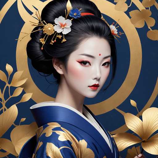 This image features a young Asian woman, likely in her late teens or early twenties, adorned in traditional attire. She is dressed in a blue kimono embellished with gold leaf patterns, which is complemented by a white undergarment. Her black hair is styled in an elegant updo, adorned with a red hair tie and a variety of decorative elements, including white and blue flowers, gold leaves, and a gold circle. A red dot is prominently placed on her forehead, adding to her traditional appearance. Her makeup is striking, with red lipstick, red eyeliner, and blush that accentuates her features. She is holding a golden flower in her hand, and the background is a rich blue with gold floral patterns, enhancing the overall regal and traditional aesthetic of the image.
