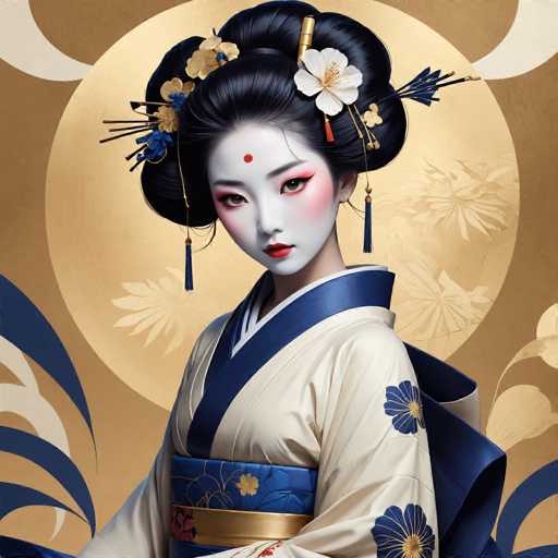 This image depicts a highly detailed, computer-generated illustration of a young Asian woman, possibly Japanese or Chinese, adorned in traditional attire. She is dressed in a white kimono with blue floral patterns and a blue collar, accentuated by a blue and gold sash around her waist. Her black hair is styled in an elaborate updo, featuring a white flower and a blue and gold ornament. A red dot adorns her forehead, and she wears striking red lipstick. Her face is painted white with pink blush on her cheeks, and she has dark eyes and eyebrows. She is accessorized with long blue tassel earrings. The background features a large, light brown circle resembling a moon, with a smaller white moon on either side. The scene is further embellished with blue and white floral patterns in the corners, creating a harmonious and culturally rich composition.