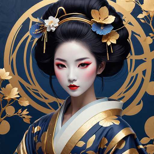 This image features a stunning young Asian woman, likely in her late teens or early twenties, adorned in traditional Japanese attire. She is wearing a dark navy blue kimono embellished with intricate gold floral patterns. The kimono is further accentuated by a white collar and a gold band that runs along the edge of the garment. Her hair is elegantly styled in a large bun, adorned with an array of flowers, including white, blue, and gold blooms, as well as delicate leaves. Her makeup is striking, with red lipstick, red eyeshadow, and a dusting of red blush on her cheeks, giving her a pale, almost ethereal appearance. The background is a deep blue, decorated with gold floral patterns and branches, adding to the overall regal and ornate aesthetic of the portrait.
