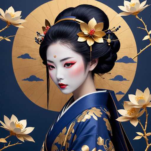 This image features a strikingly beautiful young Asian woman, possibly Japanese or Korean, adorned in traditional attire. She wears a stunning blue kimono embellished with intricate gold floral patterns. Her face is painted in a classic geisha style, with pale white makeup, bright red lipstick, and dramatic red eye shadow that extends into a cat-like line. Her cheeks are rosy, and a small gold dot adorns her forehead, between her eyebrows. Her black hair is elegantly styled into a bun, adorned with a gold flower and a blue headband. The background is a deep blue, featuring a large, light brown fan-like shape with blue clouds. Surrounding her are delicate white flowers with yellow centers, adding to the ethereal and traditional aesthetic of the scene.