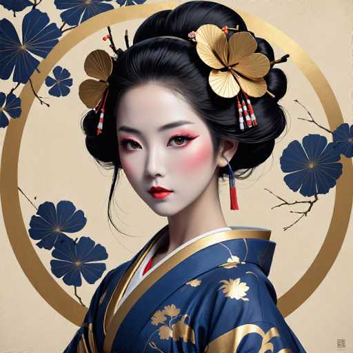 This image depicts a highly detailed, computer-generated portrait of a young Asian woman, possibly Japanese or Chinese, dressed in traditional attire. She is adorned in a dark blue kimono with intricate gold floral patterns and a white collar. Her hair is elegantly styled in an elaborate updo, featuring a gold flower and a red and white tassel. She wears striking red lipstick and has red eye shadow that accentuates her brown eyes. Her face is notably pale, with a slight blush on her cheeks. The background is a beige color, decorated with blue flowers and branches, and a gold circle frames her head, adding to the overall traditional aesthetic.