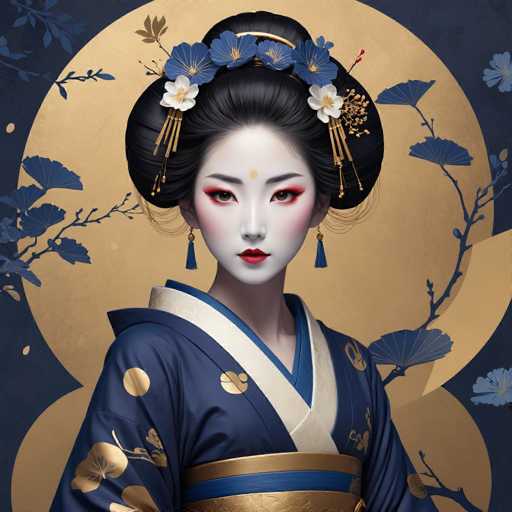 This image portrays a highly detailed, AI-generated depiction of a geisha, characterized by its photorealistic yet slightly artificial appearance. The geisha is adorned in a traditional blue kimono, intricately decorated with gold floral patterns. A prominent gold sash, embellished with blue stripes, cinches her waist. Her face is painted in the classic geisha style, featuring pale white makeup, red lipstick, and striking red eyeshadow. A distinct red dot adorns her forehead, complementing her dark brown eyes. Her black hair is elegantly styled into a bun, adorned with a blue floral headpiece and additional white flowers. She wears long, dangling blue earrings that complete her refined look. The background is a dark blue, accentuated by a large, golden circle that frames her figure, with blue floral and leafy designs extending from the sides. The overall composition exudes a sense of traditional elegance, enhanced by the intricate details and the geisha's poised demeanor.