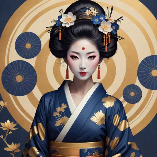 This image portrays a strikingly beautiful young Asian woman, possibly Japanese or Chinese, adorned in traditional attire. She wears a navy blue kimono embellished with gold floral patterns and a white collar, cinched at the waist with a gold sash. Her long black hair is elegantly styled into an elaborate updo, adorned with white and blue flowers, and she sports a red bindi on her forehead. Her face is painted with white makeup, accentuated by red lipstick, eye shadow, and blush, complemented by long red tassel earrings. The background features a series of concentric circles in gold and white, interspersed with blue circles that have gold lines and centers, creating a visually captivating pattern. The lower left corner of the image is decorated with gold flowers, adding to the overall ornate and traditional aesthetic.