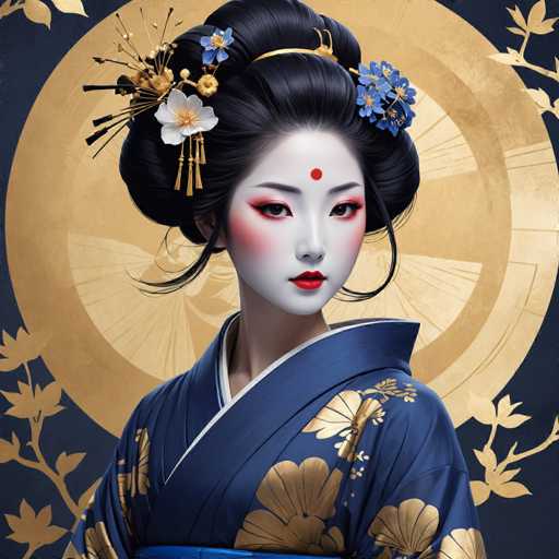 This image depicts a young woman of Asian descent, possibly Japanese or Chinese, adorned in traditional attire. She wears a navy blue kimono embellished with gold floral patterns, and a matching blue obi sash around her waist. Her hair is styled in an elaborate updo, featuring a gold headband and adorned with blue and white flowers, as well as golden tassels. A red dot, known as a bindi, is centered on her forehead. Her face is painted with white makeup, accentuated by red lipstick, red eyeshadow, and blushed cheeks. The background is a dark blue, decorated with golden floral designs and a large, intricate gold circle behind her. The overall composition suggests a blend of traditional elements with a modern artistic touch, possibly indicating the image is AI-generated.