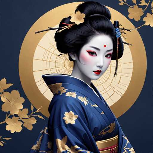 This image depicts a highly detailed, computer-generated portrayal of a geisha, characterized by its photorealistic yet distinctly artificial aesthetic. The geisha is adorned in a traditional blue kimono, intricately decorated with golden floral patterns. Her hair is elegantly styled into a bun, embellished with a golden flower and a black stick, and a blue hair tie adds a touch of color. A striking red dot adorns her forehead, complementing her vivid red lipstick and the dramatic black eyeliner that accentuates her eyes. Her skin is rendered in a very pale, almost white shade, with a subtle pink blush on her cheeks, enhancing her ethereal appearance. The background features a dark blue hue, with a golden circle behind her head, resembling a bullseye, and golden branches with leaves extending from the bottom left and top right corners. The overall composition exudes a sense of traditional Japanese elegance, meticulously crafted to appear lifelike yet unmistakably digital.