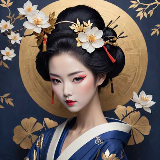 This image depicts a young Asian woman, possibly Japanese or Chinese, adorned in traditional attire. She is dressed in a blue kimono with intricate gold floral patterns and white trim. Her hair is elegantly styled in a bun, embellished with white flowers and red tassels. Her makeup is striking, featuring red lipstick, red eyeshadow, and dramatic cat-eye eyeliner. The background is a dark blue, decorated with gold floral designs and a large gold circle behind her head, adding to the regal and traditional aesthetic of the portrait.