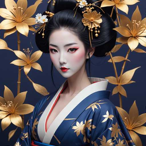 This image portrays a stunning, AI-generated depiction of a young Asian woman, likely in her late teens or early twenties. She is adorned in a traditional blue kimono, intricately detailed with gold floral patterns. The kimono features a white collar and a red lining, adding to its elegance. Her hair is styled in a sophisticated updo, with a few delicate strands framing her face. She wears a gold headpiece embellished with flowers, enhancing her regal appearance.

Her makeup is striking, with a pale, almost white base that accentuates her features. She has bold red lipstick, and her eyes are accentuated with black eyeliner that extends into a dramatic cat-eye. Her cheeks are blushed, adding a touch of warmth to her serene expression.

The background is a deep blue, adorned with golden flowers and leaves, which complement the overall color scheme of her attire. The image captures her from the waist up, with her body slightly turned to the left, while her face is directed towards the viewer, creating a captivating and ethereal presence.