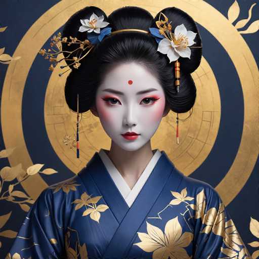 The image depicts a young woman of Asian descent, possibly Japanese or Chinese, adorned in traditional attire. She wears a navy blue kimono with intricate gold floral patterns, including a prominent gold flower on the left side of her chest and a gold branch with leaves on her right sleeve. Her face is painted white with striking red lipstick, and she has a red dot on her forehead, suggesting cultural significance. Her black hair is styled in three buns, each adorned with white flowers and blue leaves, and she wears long, dangling earrings with red tassels. The background features a navy blue and gold circular pattern, with gold leaves on the left side, enhancing the overall regal and traditional aesthetic of the image.