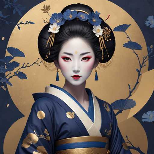 The image depicts a woman wearing traditional Japanese attire, including a blue and gold kimono with a white collar and gold sash. The background features a large circle of flowers against a dark blue color scheme, creating an elegant and sophisticated atmosphere.