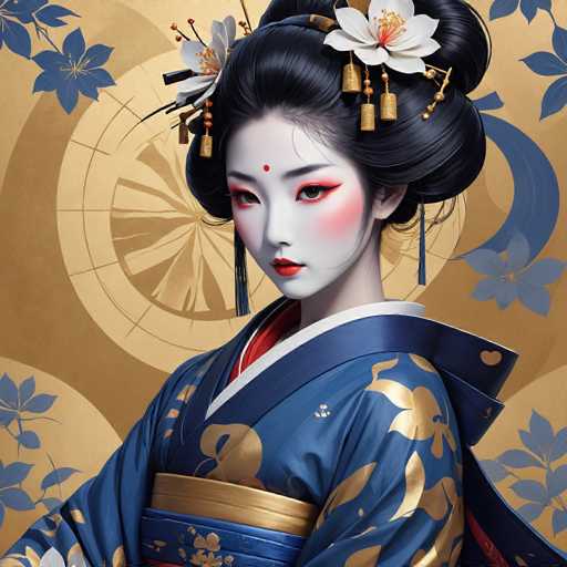 This image features a strikingly beautiful young Asian woman, possibly Japanese or Chinese, adorned in traditional attire. She wears a blue kimono embellished with gold floral patterns and a gold sash around her waist. Her hair is elegantly styled in an updo, adorned with white flowers and gold tassels. A red dot, known as a bindi, is centered on her forehead, and she has red eye makeup, red lipstick, and blushed cheeks, enhancing her ethereal appearance. The background is a rich brown with intricate blue floral designs, adding to the overall elegance of the scene. The woman's pale complexion and serene expression contribute to the image's captivating and almost otherworldly quality.