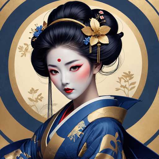 This image depicts a highly detailed, AI-generated portrayal of a young Asian woman, possibly Japanese or Chinese, adorned in traditional attire. She is dressed in a blue kimono with intricate gold floral patterns and a white collar. Her hair is elegantly styled in a bun, accentuated by a gold headband and a gold flower with pink petals. A striking red dot adorns her forehead, and her face is painted with white makeup, red lipstick, and red eye shadow, giving her a pale, almost ethereal appearance. The background features a circular design with alternating blue and gold rings, and delicate gold floral patterns, enhancing the overall regal and traditional aesthetic of the image.