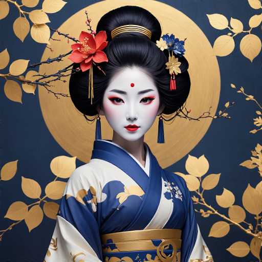 The image depicts a traditional Japanese geisha adorned in an exquisite ensemble. She wears a white kimono intricately patterned with blue flowers, complemented by a blue sash and a gold belt. Her black hair is styled into two buns, each adorned with vibrant flowers—one red and one blue. A striking red dot is centered on her forehead, and her face is accentuated with red lipstick and eye shadow. She gazes directly at the viewer, exuding an air of elegance and mystery. The background features a dark blue hue with a large, golden circle behind her, resembling a sun. Surrounding her are golden leaves and branches, adding to the ethereal and regal atmosphere of the scene.