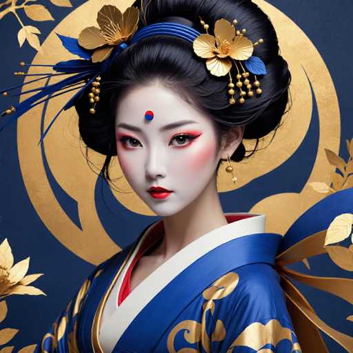 This image features a stunning young Asian woman, likely in her early 20s, adorned in traditional attire. She is dressed in a blue kimono embellished with intricate gold designs, and a white collar that adds a touch of elegance. Her hair is styled in an elaborate updo, secured with a blue ribbon, and adorned with gold flowers and beads, enhancing her regal appearance. A striking red and blue dot adorns her forehead, adding a cultural and symbolic touch to her look. Her makeup is meticulously applied, with bold red lipstick, dramatic black eyeliner, and a hint of pink eyeshadow, complementing her pale skin. She wears gold earrings that dangle gracefully, and a red garment is visible underneath her kimono, adding a pop of color. The background is a deep blue, featuring a large gold circle with a smaller circle inside it, and gold leaves in the bottom left corner, creating a harmonious and visually captivating composition.