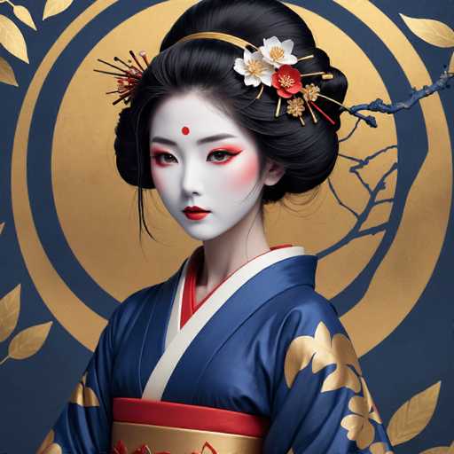 This image portrays a young Asian woman, possibly Japanese or Korean, adorned in traditional attire. She wears a blue kimono with intricate gold floral patterns and a red and white obi sash around her waist. Her face is painted in a pale white base with striking red lipstick, red eyeshadow, and a red dot on her forehead, reminiscent of a bindi. Her black hair is styled in an elaborate updo, adorned with a gold headband and a variety of flowers, including white, red, and gold blooms, as well as red and gold hairpins. The background features a dark blue and gold color scheme with a large gold circle and a smaller blue circle, along with a blue branch and gold leaves. The woman's expression is serious, and she gazes directly at the viewer, creating a captivating and traditional aesthetic.