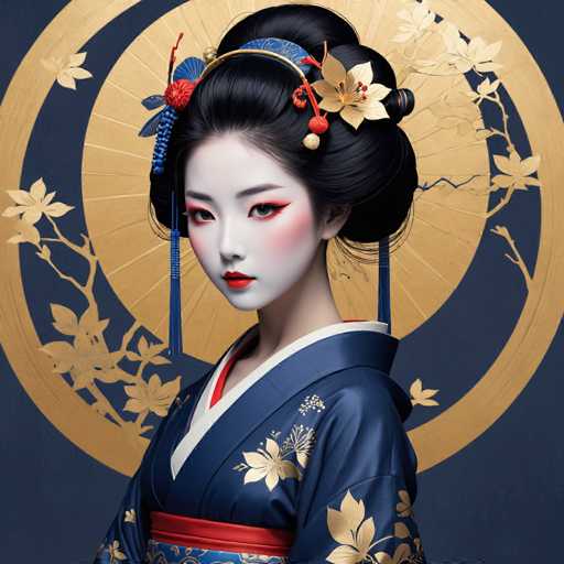 This image features a strikingly beautiful young Asian woman, possibly Japanese, dressed in traditional attire. She is adorned in a navy blue kimono embellished with intricate gold floral patterns. The kimono is complemented by a red obi sash tied around her waist. Her hair is elegantly styled in an elaborate updo, adorned with a gold headband and a blue hairpiece. The woman's face is painted in a classic geisha style, with pale white makeup, red lipstick, and red accents around her eyes. The background is a deep navy blue, featuring a large gold circle with a smaller circle inside it, decorated with gold branches and leaves. The overall composition highlights the woman's exquisite appearance and traditional costume, creating a visually captivating scene.