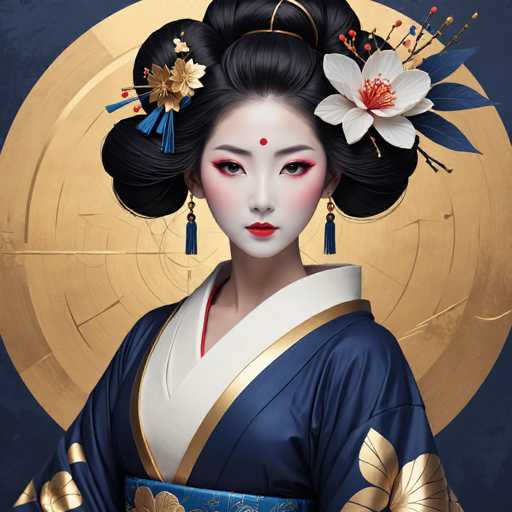 This image depicts a highly detailed, computer-generated portrayal of a young Asian woman, possibly in her late teens or early twenties. She is adorned in a traditional blue kimono, intricately embellished with gold floral patterns and a matching gold belt. The kimono features a white collar and a V-neckline, with a glimpse of red fabric visible underneath. Her black hair is styled in an elaborate updo, adorned with a gold band and a large white flower, possibly a lily, with blue leaves. She wears blue tassels and gold earrings, and her face is painted with red lipstick, red eye shadow, and a red dot between her eyebrows. The background is a dark blue, featuring a large, gold circle with intricate designs, adding to the overall regal and traditional aesthetic of the image.