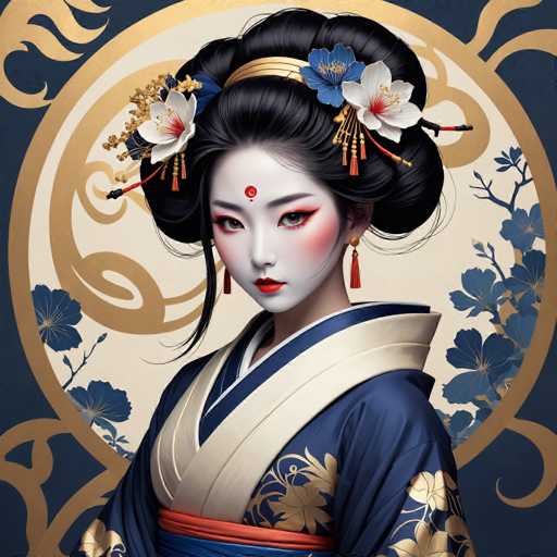 This image portrays a highly detailed, computer-generated depiction of a young Asian woman, possibly Japanese or Chinese, adorned in traditional attire. She is dressed in a blue kimono with intricate gold floral patterns and a white sash, complemented by a red and blue obi at her waist. Her black hair is elegantly styled in a large bun, adorned with a gold band and blue and white flowers, with some tendrils gracefully framing her face. Her makeup is striking, featuring red lipstick, red eye shadow, and a red dot on her forehead, which could be a bindi or a decorative element. She wears long, dangling red earrings. The background is a dark blue with a large gold circle, decorated with blue flowers and intricate gold swirls, adding to the overall ornate and traditional aesthetic of the image.