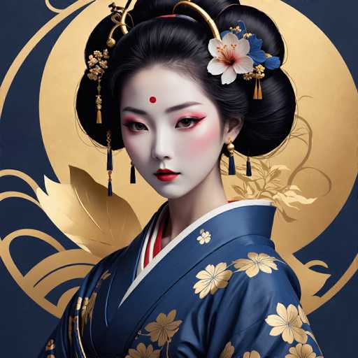 This image depicts a young Asian woman, possibly Japanese or Chinese, adorned in traditional attire. She wears a blue kimono or robe embellished with gold floral patterns. Her face is painted white with red lipstick, and she has a red dot on her forehead, suggesting cultural significance. Her black hair is styled in an elaborate updo, adorned with flowers and tassels. She is looking directly at the camera, exuding a serene and composed demeanor. The background features a dark blue hue with a prominent gold circle, adding to the image's regal and traditional aesthetic.