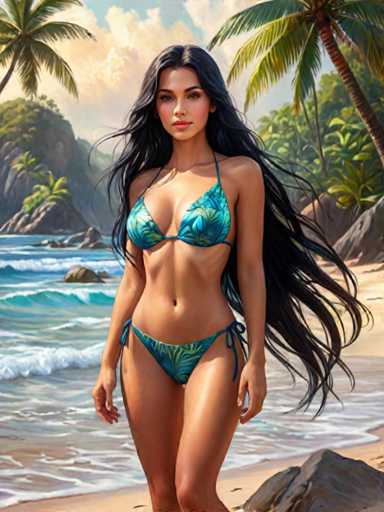 A woman is standing on a beach with her hair flowing down her back and wearing a blue bikini top that has a green leaf pattern. The ocean behind her is calm, and the sky above it is clear blue with some clouds scattered across it.