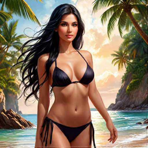 A woman is walking on a beach with her hair blowing in the wind and wearing a black bikini top and bottom. The background features palm trees and a body of water.