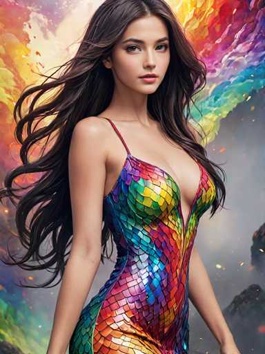The image depicts a young woman, possibly in her late teens or early twenties, with long, flowing dark brown hair that cascades down to her waist. She has a light complexion and is gazing directly at the camera with a serious expression. The woman is wearing a striking one-shoulder dress that features a single thin red strap over her right shoulder. The dress is adorned with vibrant, multicolored scales that shimmer in shades of yellow, red, blue, green, purple, and pink, giving it a fish-scale or mermaid-like appearance. The dress is form-fitting, accentuating her figure, and has a deep V-neckline that plunges between her breasts. The background is a fantastical blend of a gray sky with hints of clouds, interspersed with vibrant, rainbow-colored smoke or mist that swirls around her, adding a mystical and ethereal quality to the scene.