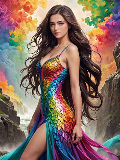 This image is a detailed, computer-generated illustration of a young woman with long, wavy brown hair that cascades down to her waist. She is wearing a form-fitting, one-shoulder dress adorned with vibrant, rainbow-colored scales that shimmer in shades of blue, green, yellow, orange, red, pink, and purple. The dress features a high slit on the left side, revealing her leg. The woman is standing in a dramatic pose, gazing directly at the viewer with a serious expression. Surrounding her are majestic, rocky cliffs on either side, with a waterfall cascading down the left cliff. The background is filled with swirling, multicolored smoke or clouds in hues of purple, orange, yellow, green, and blue, creating a mystical atmosphere. The overall scene is both enchanting and dynamic, with the woman's dress flowing elegantly around her, adding to the ethereal quality of the image.