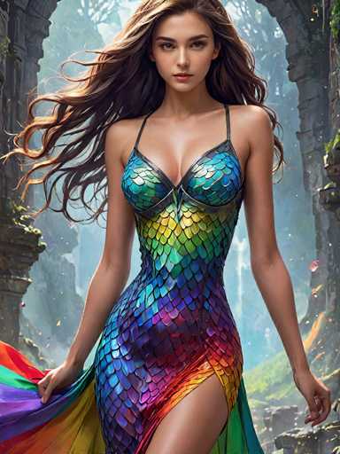 A woman with long brown hair is standing in front of a stone archway that has a rainbow pattern on it. She is wearing a dress with a colorful fish-like design and high heels. The background features trees and bushes, creating an impressionistic style.
