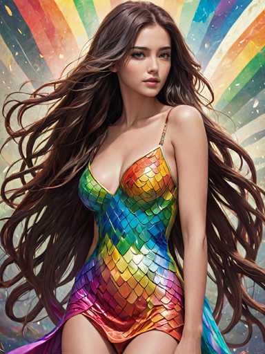 The image depicts a young woman with long, flowing brown hair that cascades down to her waist, partially covering her left arm. She is wearing a striking one-piece dress that resembles a mermaid's tail, adorned with vibrant, rainbow-colored scales that shimmer in shades of red, orange, yellow, green, blue, and purple. The dress features a single strap over her right shoulder and is cut high on her thighs, revealing her legs. The woman is posed with her body facing forward, while her head is turned to the right, gazing directly at the camera. Behind her, a radiant sunburst pattern of rainbow colors emanates from the center, creating a dramatic and eye-catching backdrop. The overall composition suggests a blend of digital artistry, possibly AI-generated, with a focus on the woman's detailed and colorful attire against the vibrant background.