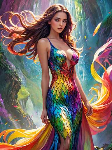 A woman with long brown hair is standing in front of a waterfall and holding her hand up to the sky. She is wearing a colorful dress that has a rainbow pattern on it. The background features a lush green forest with trees and rocks.