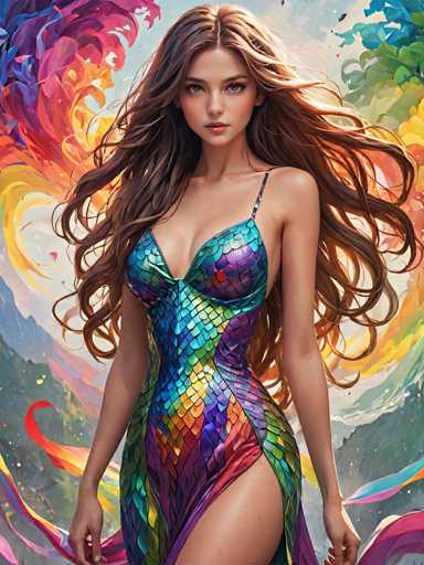This is a detailed digital illustration of a young woman, likely in her early 20s, with long, wavy brown hair that cascades down to her waist. She has striking heterochromatic eyes, one green and one blue, and is wearing a form-fitting, one-shoulder dress adorned with a scaly pattern in vibrant shades of blue, green, purple, yellow, and red. The dress features a high slit on the left side, revealing her leg. Her expression is serious, and she gazes directly at the viewer. The background is a swirling, abstract blend of colors, including pink, blue, green, yellow, and orange, creating a dynamic and almost ethereal atmosphere. The overall composition is vertical, with the woman positioned centrally, making her the focal point of the image.
