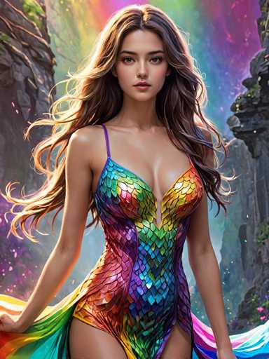 The image depicts a young woman, likely in her late teens or early twenties, with long, wavy brown hair that cascades down to her waist. She is dressed in a vibrant one-piece swimsuit adorned with a scale-like pattern in a spectrum of colors, including red, orange, yellow, green, blue, and purple. The swimsuit features a single strap over her right shoulder and is designed with a deep V-neckline that reveals a significant portion of her chest. The woman stands with her arms outstretched to her sides, her hands resting on an unseen surface, and gazes directly at the camera with a serious expression. Behind her, a rainbow arches across the sky, flanked by rocky cliffs on either side, creating a dramatic and colorful backdrop. The overall scene is bright and vivid, with the sunlight illuminating her hair and the swimsuit, enhancing the vibrant hues.