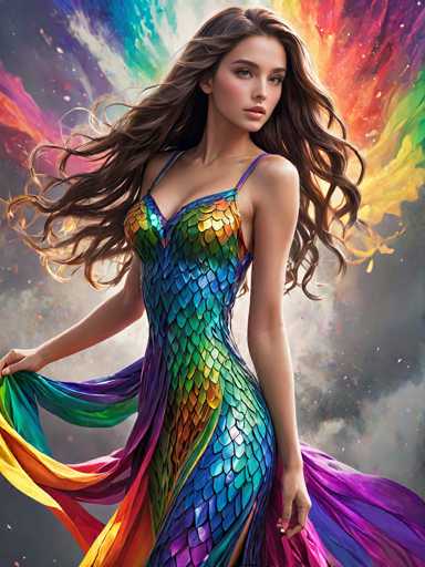 The image depicts a stunning, computer-generated artwork of a young woman with long, flowing brown hair that cascades down to her waist. She is adorned in a form-fitting, one-piece dress that resembles a mermaid's tail, featuring a vibrant array of colors including blue, green, yellow, orange, and purple. The dress is designed with a low-cut neckline and thin straps, and it flares out into a flowing train at the back. The woman is holding the ends of the dress in her hands, which are positioned at her sides. Her expression is serene, with a slight smile as she gazes off to the right. The background is a mesmerizing blend of gray and white clouds, with splashes of rainbow colors that evoke the image of a firework explosion. The overall composition is both dynamic and ethereal, capturing a sense of movement and beauty.