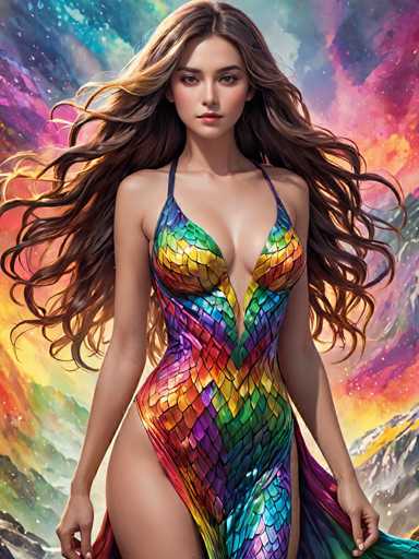 This image is a detailed, vibrant, and colorful painting of a young woman with long, flowing brown hair. She is depicted wearing a form-fitting, one-piece dress that accentuates her figure. The dress is adorned with a stunning array of colors, including shades of yellow, green, blue, red, and purple, creating a rainbow-like effect. The dress features a V-neckline that plunges down to her waist, revealing a significant portion of her chest. The fabric of the dress is designed to resemble scales, adding a unique texture to the garment. The woman is holding the hem of the dress with both hands, lifting it slightly to reveal her legs. The background is a rich tapestry of colors, including blue, pink, purple, yellow, and green, with hints of a mountainous landscape, enhancing the overall depth and beauty of the painting.