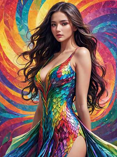 A woman with long brown hair is standing against a vibrant and colorful abstract background featuring swirls of red, orange, yellow, green, blue, purple, pink, and white colors. She is wearing a dress that has a unique design resembling the scales of a fish or bird, with a split skirt on one side.
