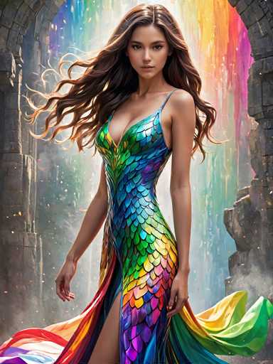 This image portrays a young woman, likely in her late teens or early twenties, with long, wavy brown hair that cascades down to her waist. She is dressed in a striking, form-fitting dress that resembles fish scales, adorned with a vibrant array of colors including green, blue, yellow, orange, pink, purple, and red. The dress features a slit on the side, revealing a glimpse of her leg. She stands confidently in front of a grand stone archway, which frames a colorful rainbow backdrop. The scene is illuminated by sunlight, casting a warm glow on her hair and the dress, enhancing the vivid hues. The overall composition suggests a fantastical or otherworldly setting, possibly hinting at a character from a video game or animated movie.