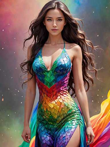 The image features a young woman, likely in her early 20s, with long, wavy brown hair that cascades down to her waist. She has a light complexion and is wearing a striking, form-fitting dress that resembles fish scales, adorned with vibrant colors including blue, green, red, yellow, orange, and purple. The dress has a single strap over her right shoulder and a high slit on the left side, revealing her leg. She stands with her arms at her sides, looking directly at the camera with a serious expression. The background is a dreamy blend of pink, blue, and purple hues, with white specks resembling stars scattered throughout. In the bottom right corner, there's a colorful, flowing fabric in shades of yellow, orange, pink, purple, and blue, adding to the ethereal quality of the scene.