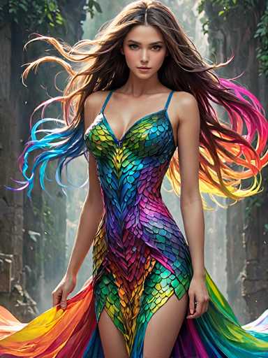 The image depicts a young woman, possibly in her late teens or early twenties, with long, flowing brown hair that transitions into vibrant rainbow hues at the ends. She is wearing a striking dress that resembles a mermaid's tail, adorned with intricate scales in a spectrum of colors including green, yellow, blue, purple, pink, and red. The dress features thin straps over her shoulders and a slit up the front, revealing her legs. She stands confidently, gazing directly at the camera, with her hair dramatically blowing in the wind. The background is a blurred, natural setting with hints of trees and a waterfall, adding to the ethereal and dreamlike quality of the scene. The overall image has a slightly surreal, AI-generated feel to it, enhancing its fantastical atmosphere.