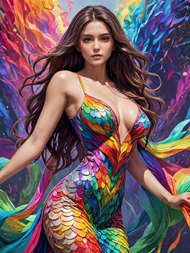 The image depicts a young woman with long, wavy brown hair cascading down her back. She is wearing a form-fitting, one-shoulder dress adorned with vibrant, rainbow-colored scales that shimmer like mother-of-pearl. The dress features a deep V-neckline that plunges down to her upper thigh, revealing a significant amount of cleavage. The single strap on her right shoulder is yellow, while the left side of the dress is sleeveless. The background is a swirling mix of rainbow colors, creating an ethereal, almost fire-like effect. The woman stands with her arms outstretched, looking directly at the camera with a serious expression. The overall composition is reminiscent of a fantasy or video game character, with the intricate details of her dress and the dynamic background enhancing her otherworldly appearance.