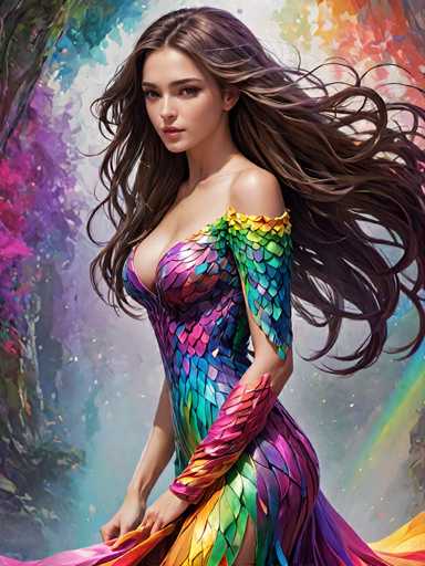 This image is a detailed, computer-generated illustration of a young woman, possibly in her late teens or early twenties, with long, flowing brown hair that cascades down to her waist. She has a fair complexion and is adorned in a striking, mermaid-inspired dress that features a vibrant array of colors, including shades of pink, purple, blue, green, yellow, and orange. The dress is form-fitting, with a low neckline that reveals her cleavage and a single strap over her left shoulder. The dress is adorned with intricate, scale-like patterns that add to its mermaid aesthetic. She is holding the bottom of her dress with both hands, causing it to billow out behind her, adding a dynamic sense of movement to the scene. The background is a dreamy, abstract blend of pastel hues, including purples, blues, and greens, with a hint of a rainbow in the upper right corner. The overall composition is vertical, emphasizing the elegance and grace of the woman as she gazes directly at the viewer.
