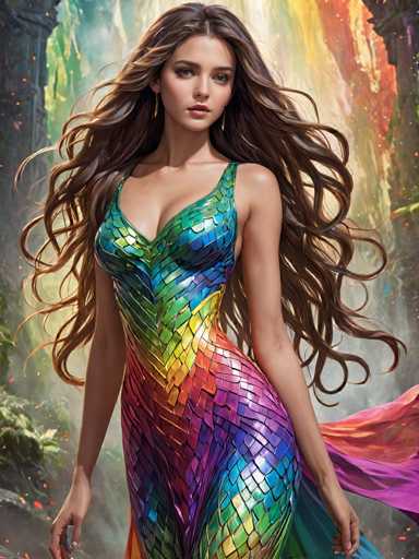 The image depicts a highly detailed, computer-generated or AI-generated artwork of a young woman, possibly in her late teens or early twenties. She has long, wavy brown hair that cascades down to her waist, with a slight reddish tint at the ends. Her complexion is fair, and she has brown eyes accentuated by dark eyeliner. She is adorned with long, dangling earrings that resemble fish hooks.

The woman is dressed in a form-fitting, sleeveless dress that extends from her neck down to her ankles. The dress features a striking, iridescent pattern reminiscent of fish scales, with a gradient that transitions from green at the top, through yellow and red, to purple and blue at the bottom. The dress has a deep neckline that reveals some cleavage and is held up by thin straps over her shoulders.

In the background, there is a vibrant, abstract scene with a mix of colors including green, yellow, red, and purple, creating a dynamic and somewhat chaotic atmosphere. The woman stands with her arms at her sides, looking directly at the viewer, exuding a sense of confidence and poise.