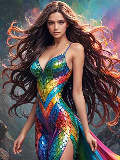 This image is a detailed, computer-generated illustration of a young woman, likely in her early 20s, with long, flowing brown hair that cascades down her back. She is depicted from the front, wearing a form-fitting, one-shoulder dress that accentuates her figure. The dress is adorned with a vibrant array of colors, including shades of blue, green, yellow, orange, and red, resembling a mosaic of scales. The dress features a single strap over her left shoulder and a high slit on her right leg, revealing her leg. The background is a richly textured, dark blue and black, with hints of a rocky landscape, adding depth and contrast to the overall composition. The woman's expression is serene, with her eyes gazing directly at the viewer, and her lips slightly parted. The overall style of the image is highly realistic, with a focus on intricate details and a harmonious blend of colors.