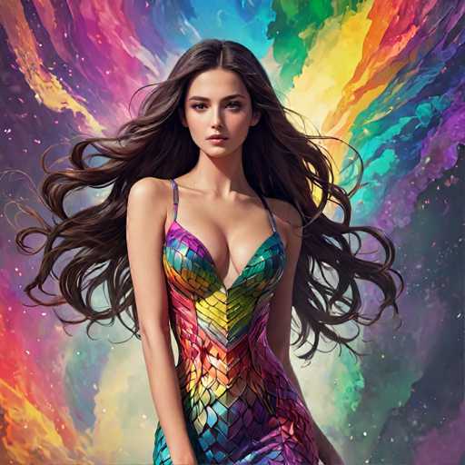A woman with long brown hair is standing against a vibrant and colorful background that resembles a rainbow or a galaxy. She is wearing a dress with a geometric pattern of different colors - blue, green, yellow, orange, red, purple, pink, and white. The image does not contain any discernible text.