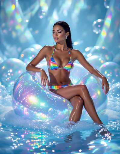 A voluptuous woman with dark hair sits gracefully on a giant, shimmering soap sphere amidst an ocean of iridescent bubbles. The rainbow bikini reflects the holographic environment under bright studio lights, creating a high-end editorial fashion shot with a dreamy, ethereal art style.