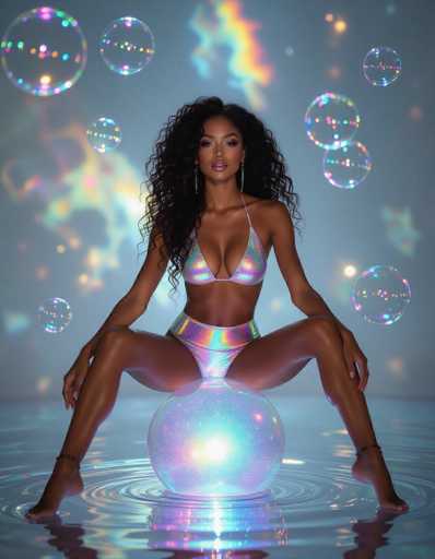 A striking woman with voluminous curls sits on a glowing bubble in a dreamlike space filled with iridescent bubbles. Her holographic bikini shimmers, reflecting neon auroras and fractured galaxies on the floor. The image evokes ethereal surrealism with a cyberpunk twist, reminiscent of Tim Walker's style.