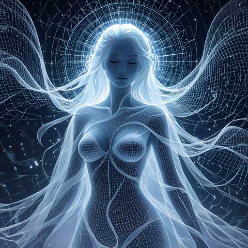 The image depicts a woman with long blonde hair and blue eyes gazing upwards towards the sky. The background is a dark blue color with white stars scattered throughout, creating an ethereal atmosphere.