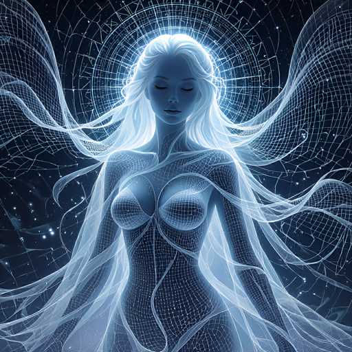 The image depicts a highly detailed, computer-generated graphic of a woman with long, flowing white hair that cascades down to her waist. Her eyes are closed, and her head is tilted slightly downward, giving her a serene and almost ethereal appearance. The woman's skin is a dark blue, and her body is adorned with a grid-like pattern of white dots and lines, giving her a futuristic, almost robotic look. She is wearing a sheer, flowing dress that reveals her chest and stomach, with the fabric appearing to be made of delicate, gossamer-like material. Surrounding her head is a circular halo of light, adding to her divine or angelic aura. The background is a deep, dark blue, resembling the vastness of space, dotted with numerous stars. Additionally, there are intricate, web-like patterns and swirls of light blue and white around her, enhancing the mystical and otherworldly atmosphere of the image.