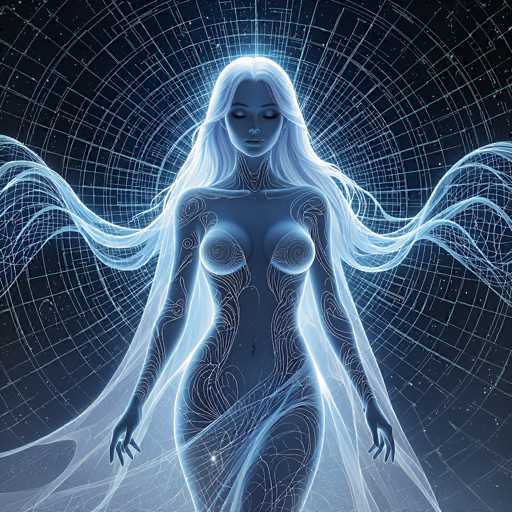 The image depicts a highly detailed, computer-generated, futuristic woman with long, flowing white hair that extends to her waist. Her skin is a dark blue, almost black, and she has intricate white swirls and lines adorning her arms, chest, and legs. She stands with her eyes closed, head slightly tilted downward, and her arms hanging by her sides. Her body is slender, with a narrow waist and wide hips, and she appears to be topless, with her breasts covered by the swirling patterns. A sheer, white cloth drapes around her waist and extends to her feet, resembling a skirt. The background is a dark blue, almost black, filled with stars and illuminated by a radiant, circular light source behind her head, creating a halo effect. Additionally, there are wavy, light blue lines emanating from her sides, adding to the ethereal and otherworldly atmosphere of the scene.